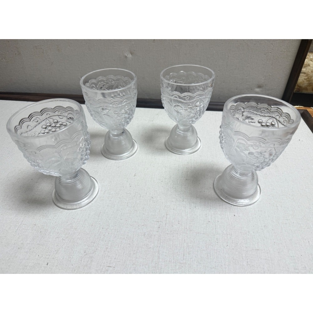 Set of 4 Vintage Frosted Glass Grape & Vine Goblets / Wine Glasses